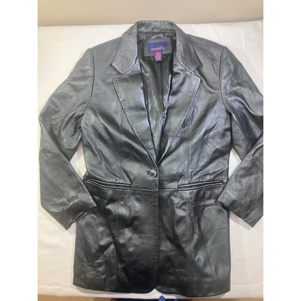 Denim &‎ Co Womens Black 100% Leather Blazer Jacket Medium Single Button Coat